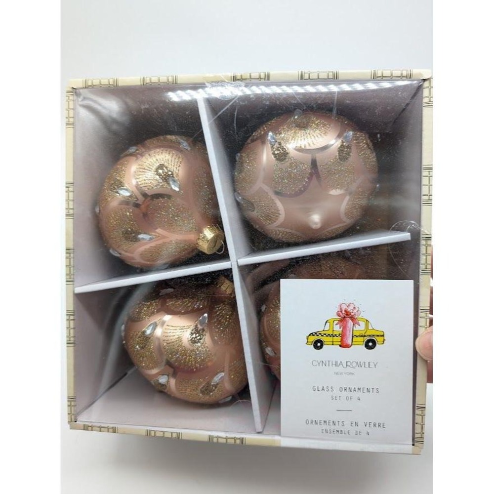 Cynthia‎ Rowley Glass Ornaments Set of 4 Teardrop Glitter Art Deco Christmas NEW - Picture 4 of 4